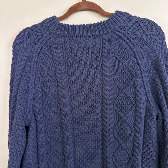 LLBean Signature Women L Cable Knit Fisherman Sweater Navy Blue Cotton - Picture 5 of 15